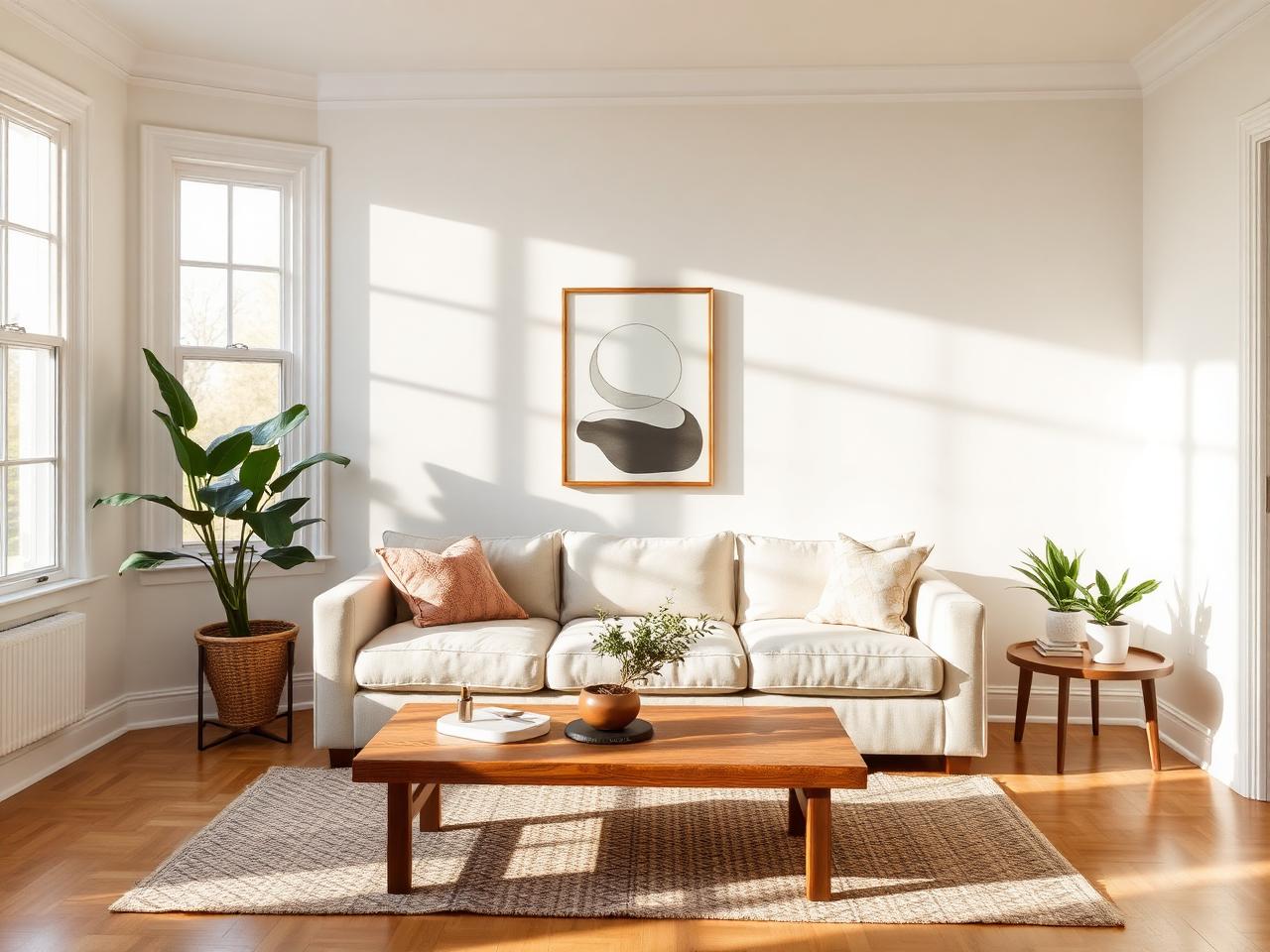 Bright modern living room with freshly painted walls and trim